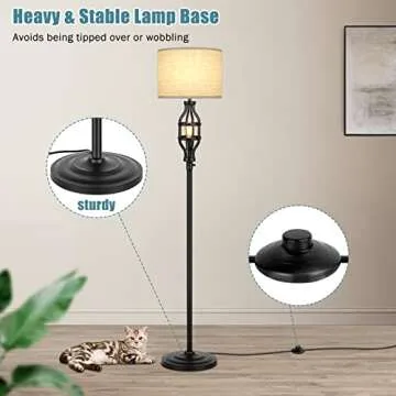 Farmhouse Floor Lamp with Night Light, Black Standing Lamp for Living Room, Vintage 2-Light Tall Lamp with Fabric Drum Shade, Industrial Pole Light with E26 Edison Base for Bedroom Home Decor
