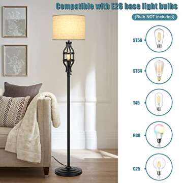 Farmhouse Floor Lamp with Night Light, Black Standing Lamp for Living Room, Vintage 2-Light Tall Lamp with Fabric Drum Shade, Industrial Pole Light with E26 Edison Base for Bedroom Home Decor
