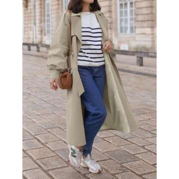 Tankaneo Womens Long Trench Coat Fall Fashion Oversized Double Breasted Lapel Overcoat Outerwear wit...