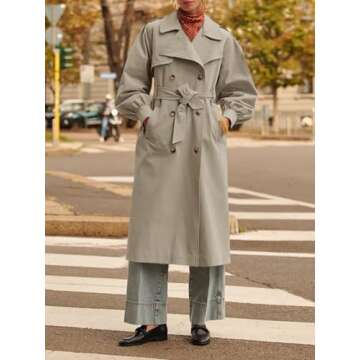 Tankaneo Womens Long Trench Coat Fall Fashion Oversized Double Breasted Lapel Overcoat Outerwear with Belt