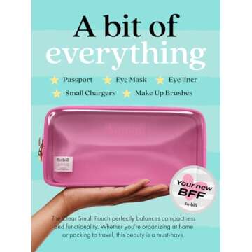 Embla Clear Cosmetic Bag Makeup Case, Clear Zipper Make Up Pouch and Toiletry Travel Tote, Cute Skincare Pouches for Women Girls, Preppy Purse Cosmetic Organizer, Small Makeup Bags, Bubblegum