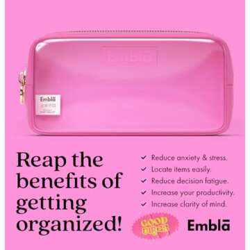 Embla Clear Cosmetic Bag Makeup Case, Clear Zipper Make Up Pouch and Toiletry Travel Tote, Cute Skincare Pouches for Women Girls, Preppy Purse Cosmetic Organizer, Small Makeup Bags, Bubblegum