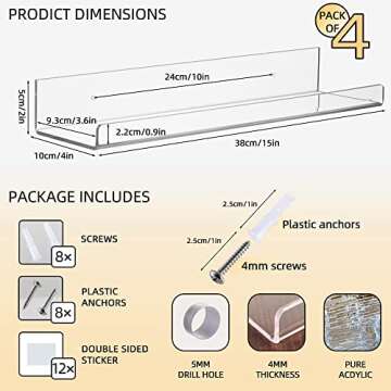 15 Inch Clear Shelves,Acrylic Bookshelf,Acrylic Shelves for Wall Storage,Nail Polish Organizer Wall,Display Shelf Organizer for Bathroom, Living Room, Bedroom, Kitchen, Room Decor