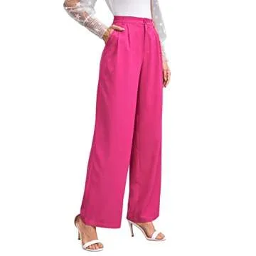 SweatyRocks Women's Casual Wide Leg High Waisted Button Down Straight Long Trousers Pants Hot Pink M