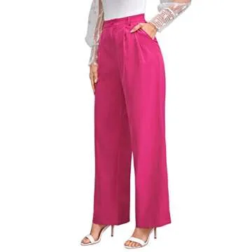 SweatyRocks Women's Casual Wide Leg High Waisted Button Down Straight Long Trousers Pants Hot Pink M