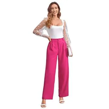 SweatyRocks Women's Casual Wide Leg High Waisted Button Down Straight Long Trousers Pants Hot Pink M