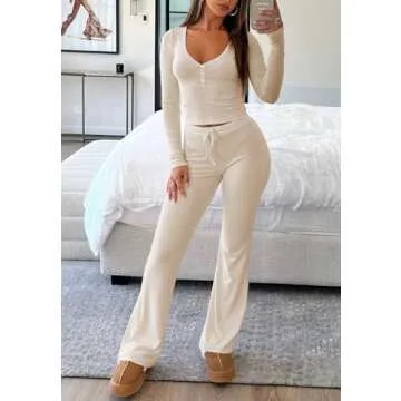 FWBBG Womens 2 Piece Lounge Sets Long Sleeve Crop Tops V Neck Flare Pants Set Fall Y2k Casual Outfits (Khaki, S)