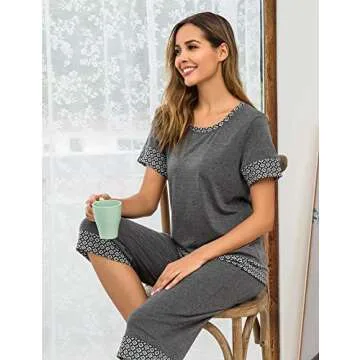 HOTOUCH Womens Summer Two Piece Pajama Set Short Sleeve Sleep Set Grey XL