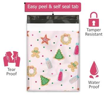 10x13 (100) Christmas Cookie Designer Winter Poly Mailers Self Sealing Waterproof Shipping Envelopes Holiday Premium Printed Bags For Small Businesses