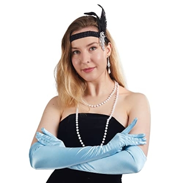 Blue 20s Satin Elbow Length Gloves for Women