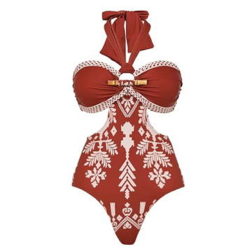 FLAXMAKER Retro Halter O Ring Decoration Printed Cut Out Ethnic Style One Piece Swimsuit and Skirt (...