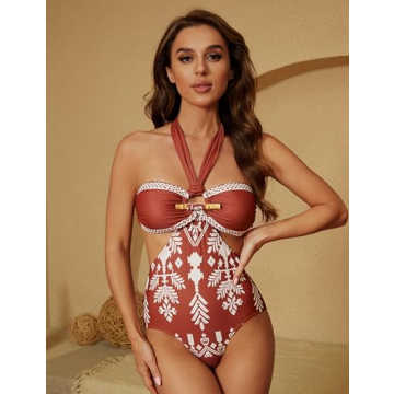 FLAXMAKER Retro Halter O Ring Decoration Printed Cut Out Ethnic Style One Piece Swimsuit and Skirt (US, Alpha, Small, Regular, Regular, Only Swimsuit)