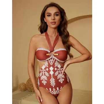 FLAXMAKER Retro Halter O Ring Decoration Printed Cut Out Ethnic Style One Piece Swimsuit and Skirt (US, Alpha, Small, Regular, Regular, Only Swimsuit)