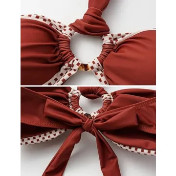 FLAXMAKER Retro Halter O Ring Decoration Printed Cut Out Ethnic Style One Piece Swimsuit and Skirt (US, Alpha, Small, Regular, Regular, Only Swimsuit)