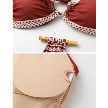 FLAXMAKER Retro Halter O Ring Decoration Printed Cut Out Ethnic Style One Piece Swimsuit and Skirt (US, Alpha, Small, Regular, Regular, Only Swimsuit)