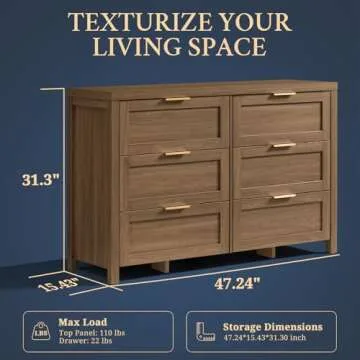 OAKHAM HOME Wood Dresser, Rustic Brown Dresser 47" Wide 6 Drawer Double Dresser Vintage Wooden Chest...