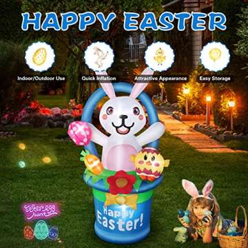 Easter Inflatables Outdoor Yard Decorations - 6 FT Inflatable Easter Bunny with Egg Basket Build-in LED Lights, Bunny Easter Decoration Blow Up for Indoor Outdoor Garden Decor