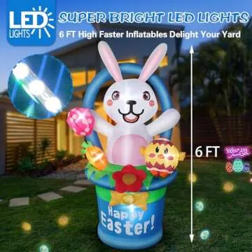 Easter Inflatables Outdoor Yard Decorations - 6 FT Inflatable Easter Bunny with Egg Basket Build-in LED Lights, Bunny Easter Decoration Blow Up for Indoor Outdoor Garden Decor