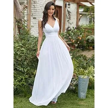 Ever-Pretty Womens Bridesmaid Dress V-Neck Sleeveless A Line Chiffon Floor Length Formal Dress White US4