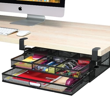 Under Desk Drawer Organizer Mesh Metal 2-Drawer Clamp-On