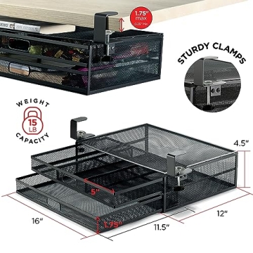 Under Desk Drawer Organizer Mesh Metal 2-Drawer Clamp-On