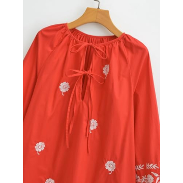 Joiemont Womens Embroidered Long Sleeve Mini Dress Loose Fit Vintage Embroidery Dress with Double Neckline Self Tie(0623-Red-L)