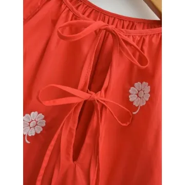 Joiemont Womens Embroidered Long Sleeve Mini Dress Loose Fit Vintage Embroidery Dress with Double Neckline Self Tie(0623-Red-L)