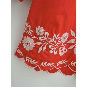 Joiemont Womens Embroidered Long Sleeve Mini Dress Loose Fit Vintage Embroidery Dress with Double Neckline Self Tie(0623-Red-L)