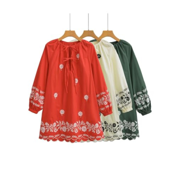 Joiemont Womens Embroidered Long Sleeve Mini Dress Loose Fit Vintage Embroidery Dress with Double Neckline Self Tie(0623-Red-L)