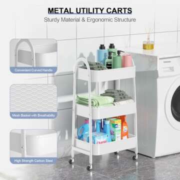 EAGMAK 3 Tier Utility Rolling Cart, Metal Storage Cart with Handle and Lockable Wheels, Multifunctio...