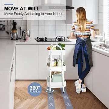 EAGMAK 3 Tier Utility Rolling Cart, Metal Storage Cart with Handle and Lockable Wheels, Multifunctional Storage Organizer Trolley with Mesh Baskets for Kitchen, Living Room, Office, Garage (White)