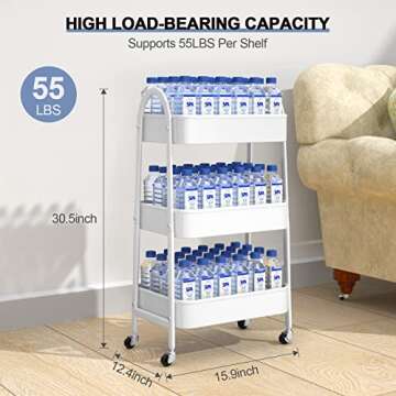 EAGMAK 3 Tier Utility Rolling Cart, Metal Storage Cart with Handle and Lockable Wheels, Multifunctional Storage Organizer Trolley with Mesh Baskets for Kitchen, Living Room, Office, Garage (White)