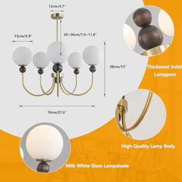 BOKT Modern Glass Chandelier Vintage Globe Pendant Light Gold Wooden 5-Light Semi Flush Mount Ceilin...