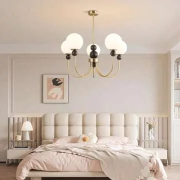 BOKT Modern Glass Chandelier Vintage Globe Pendant Light Gold Wooden 5-Light Semi Flush Mount Ceiling Light Fixture Kitchen Island Sputnik Chandeliers for Living Room Dining Room Restaurant