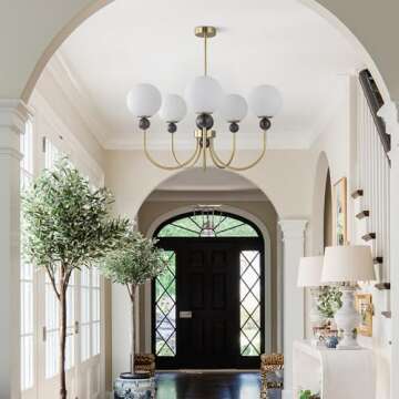 BOKT Modern Glass Chandelier Vintage Globe Pendant Light Gold Wooden 5-Light Semi Flush Mount Ceiling Light Fixture Kitchen Island Sputnik Chandeliers for Living Room Dining Room Restaurant