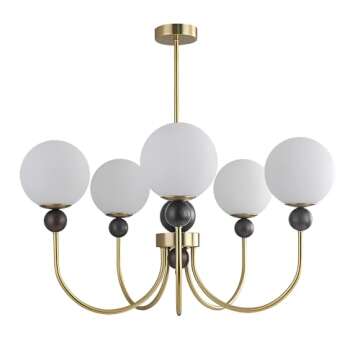 BOKT Modern Glass Chandelier Vintage Globe Pendant Light Gold Wooden 5-Light Semi Flush Mount Ceiling Light Fixture Kitchen Island Sputnik Chandeliers for Living Room Dining Room Restaurant