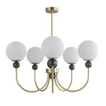 BOKT Modern Glass Chandelier Vintage Globe Pendant Light Gold Wooden 5-Light Semi Flush Mount Ceiling Light Fixture Kitchen Island Sputnik Chandeliers for Living Room Dining Room Restaurant