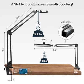 Overhead Camera Mount with Selfie Ring Light and Phone Holder, 10" LED Ring Light for Desk with Stand and Remote for iPhone,Phone Tripod with Light for Video Recording Vlog TikTok Live Stream Cooking