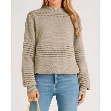 KIRUNDO Womens Sweaters 2024 Fall Long Sleeve Crew Neck Crochet Pit Striped Oversized Casual Chunky Ribbed Knit Pullover(Beige, Medium)