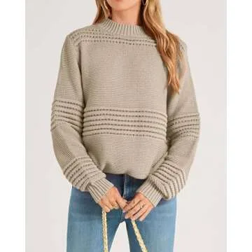 KIRUNDO Womens Sweaters 2024 Fall Long Sleeve Crew Neck Crochet Pit Striped Oversized Casual Chunky Ribbed Knit Pullover(Beige, Medium)