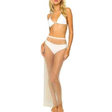 Yendoll Pearl Swimsuit Cover Up for Women, Rhinestone Beach Tie Sarong Bathing Suit Cover Up, Sheer Mesh Slit Dress Skirt White