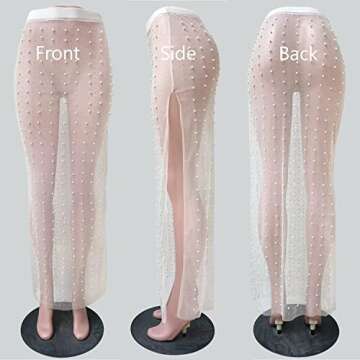 Yendoll Pearl Swimsuit Cover Up for Women, Rhinestone Beach Tie Sarong Bathing Suit Cover Up, Sheer Mesh Slit Dress Skirt White