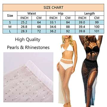 Yendoll Pearl Swimsuit Cover Up for Women, Rhinestone Beach Tie Sarong Bathing Suit Cover Up, Sheer Mesh Slit Dress Skirt White