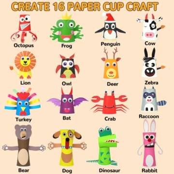 AluAbi Crafts for Kids Ages 4-8, 16 Pack Make Your Own DIY Animal Paper Cups, Fun Art Supplies for B...