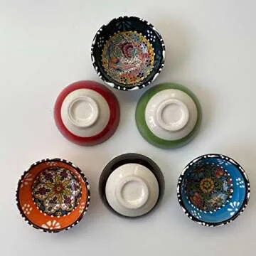 Tubibu Decorative Desing Turkish Ceramic Bowl Set of 6 - Handcrafted Pinch Multicolor Finger Small Serving Bowls (Deco, 3.15")