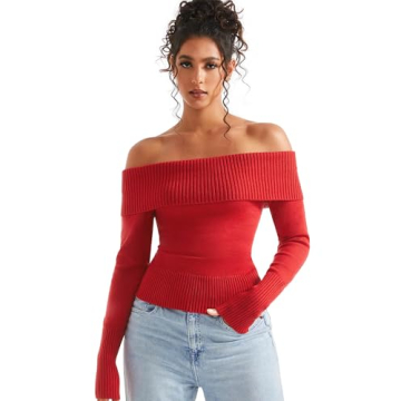 SUUKSESS Women Off-Shoulder Ribbed Knit Sweater Wine Red