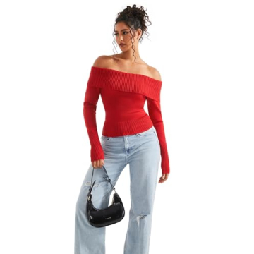 SUUKSESS Women Off-Shoulder Ribbed Knit Sweater Wine Red