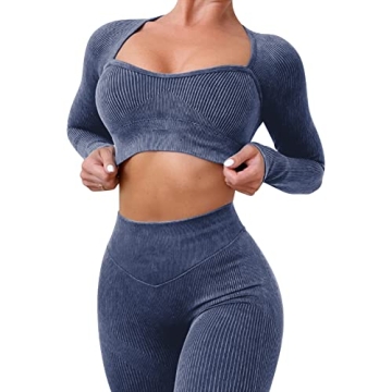ABOCIW Workout Sets for Women 2 Piece Seamless Gym Yoga Outfits Ribbed Sweetheart Neck Long Sleeve C...