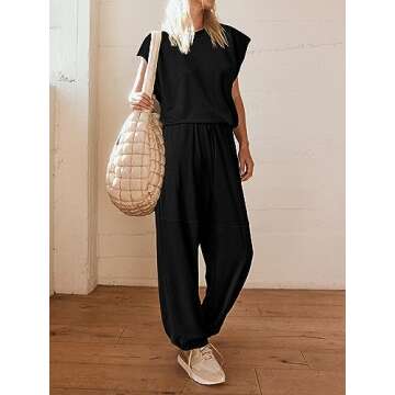 Glamaker Women's 2 Piece Summer Outfit Crewneck Tank Top Lounge Set Matching Sets & Long Pants Track Suits with Pockets(Black,X-Large)