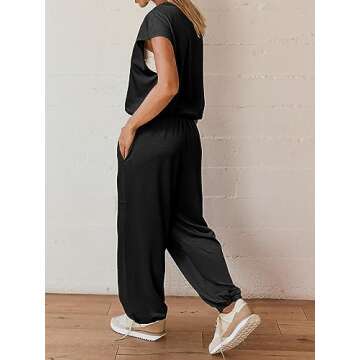 Glamaker Women's 2 Piece Summer Outfit Crewneck Tank Top Lounge Set Matching Sets & Long Pants Track Suits with Pockets(Black,X-Large)